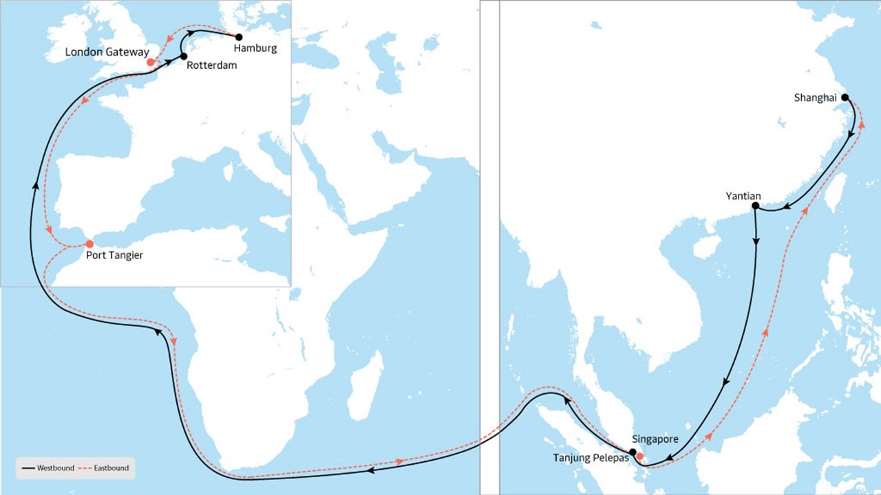 AE 1 - Asia to Europe service map