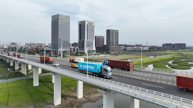 Maersk blue container on the road.