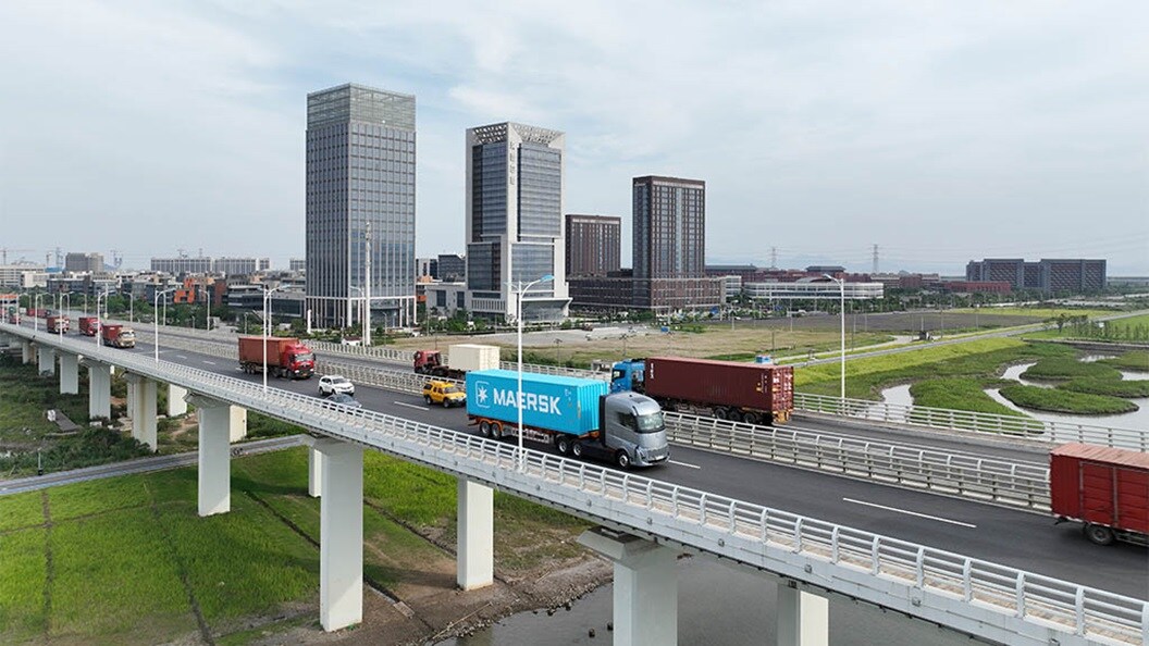Maersk blue container on the road.
