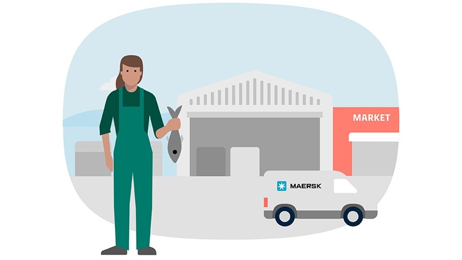 Illustration of a woman holding fish outside Maersk warehouse