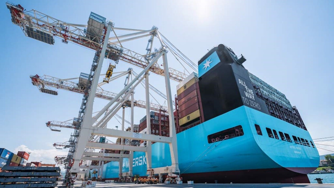 A Maersk container ship at a harbor.