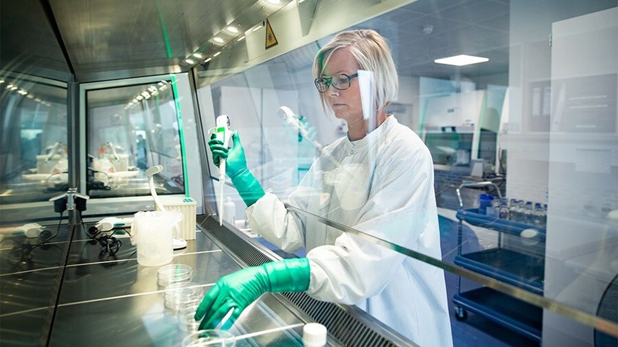 Laboratory technician working at an insulin production facility in Kalundborg, Denmark.