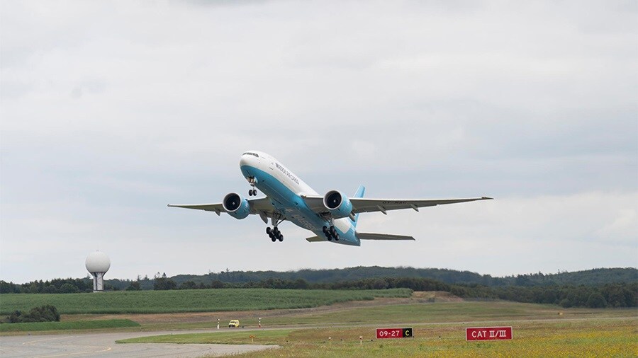 Maersk Boeing 777F taking off from Billund Airport, Denmark