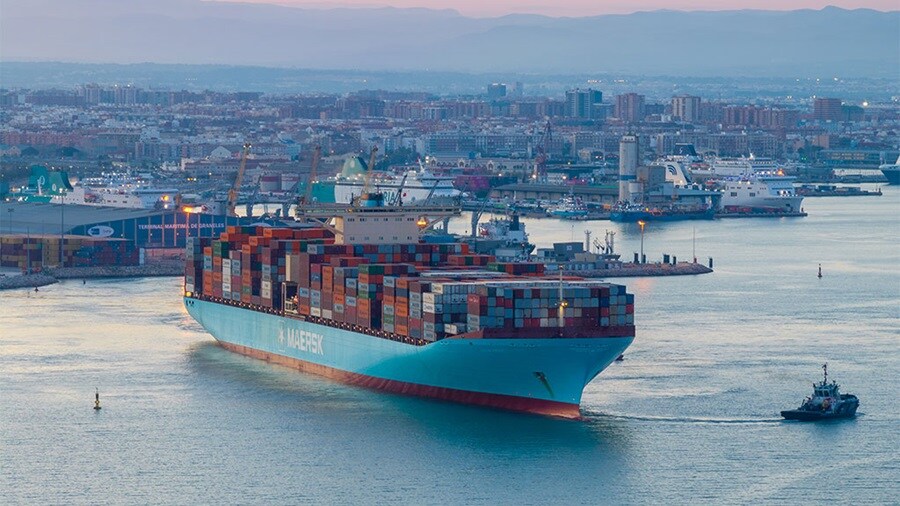 Maersk vessel leaving a port.