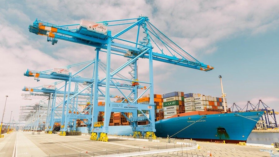 Maersk vessel docking at terminal