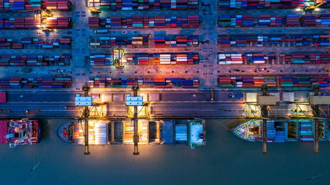 A.P. Moller - Maersk container vessels at a port.